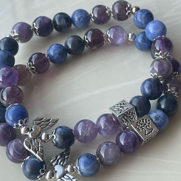 Amethyst sodalite Angel wings tree of life ONE NEW stretch bracelet beaded - Picture 7 of 11